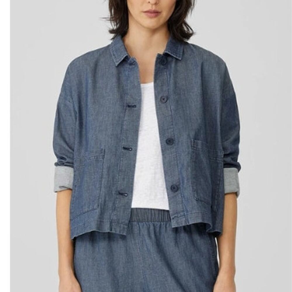 EILEEN FISHER Airy Organic Cotton Twill Jacket Small Denim Blue Button Boxy Top